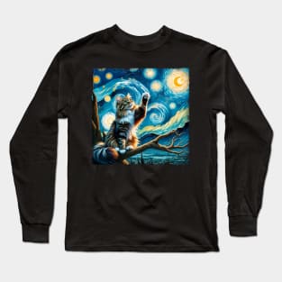 Epic Starry Night Cat Inspired Tee Galactic Glamour Long Sleeve T-Shirt